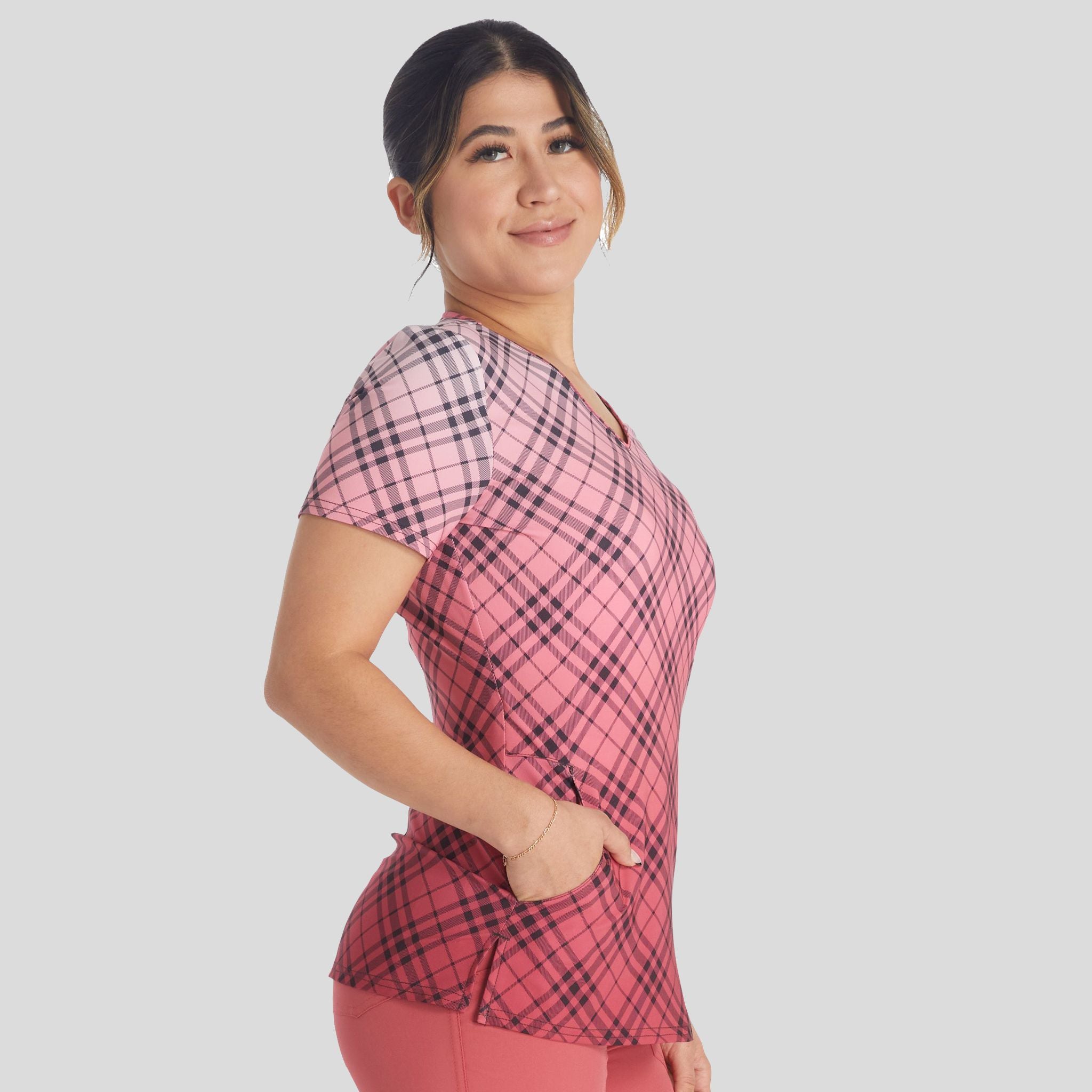 Plaid Dip Dye Print Scrub Top