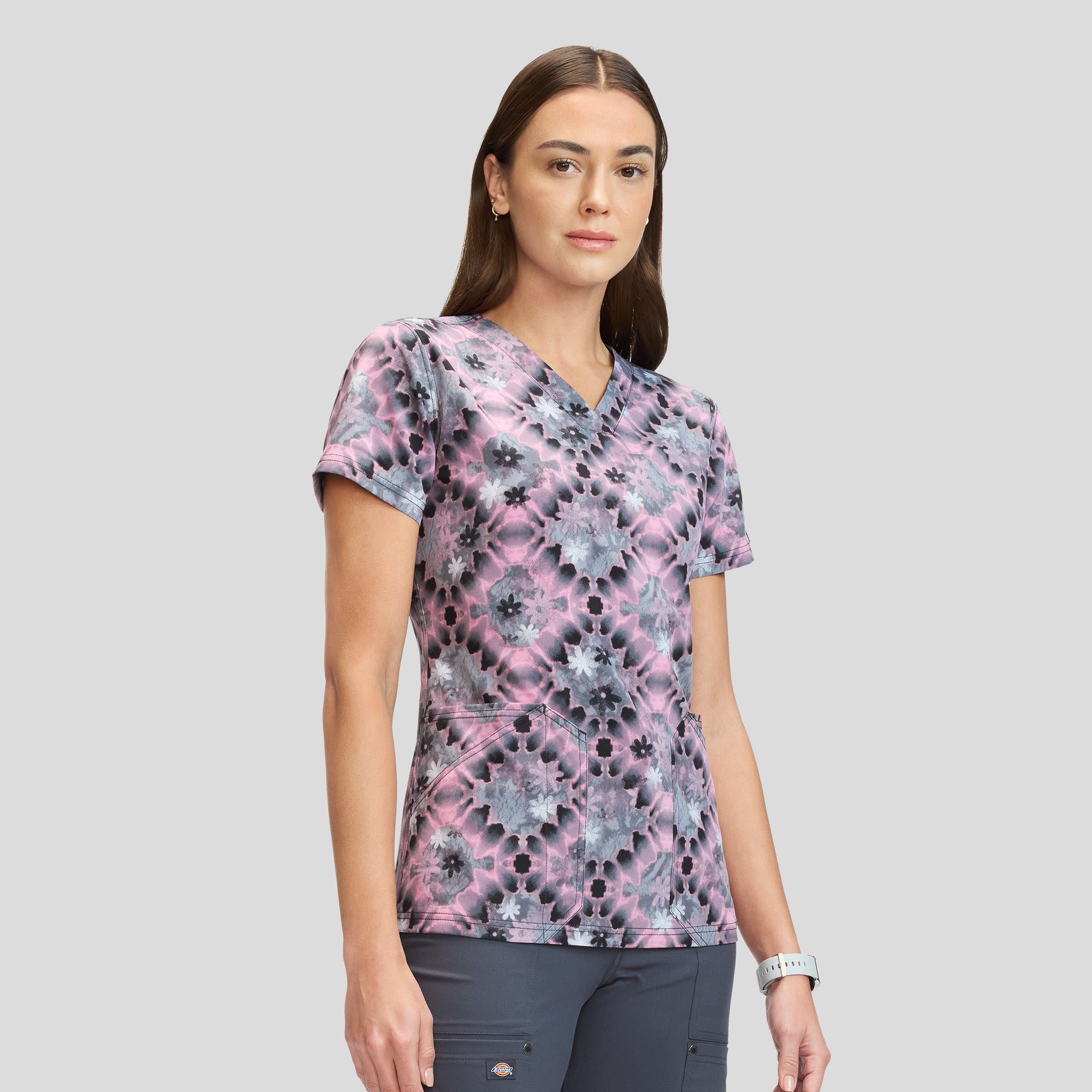 Women's Tie Dye Buds Print Scrub Top