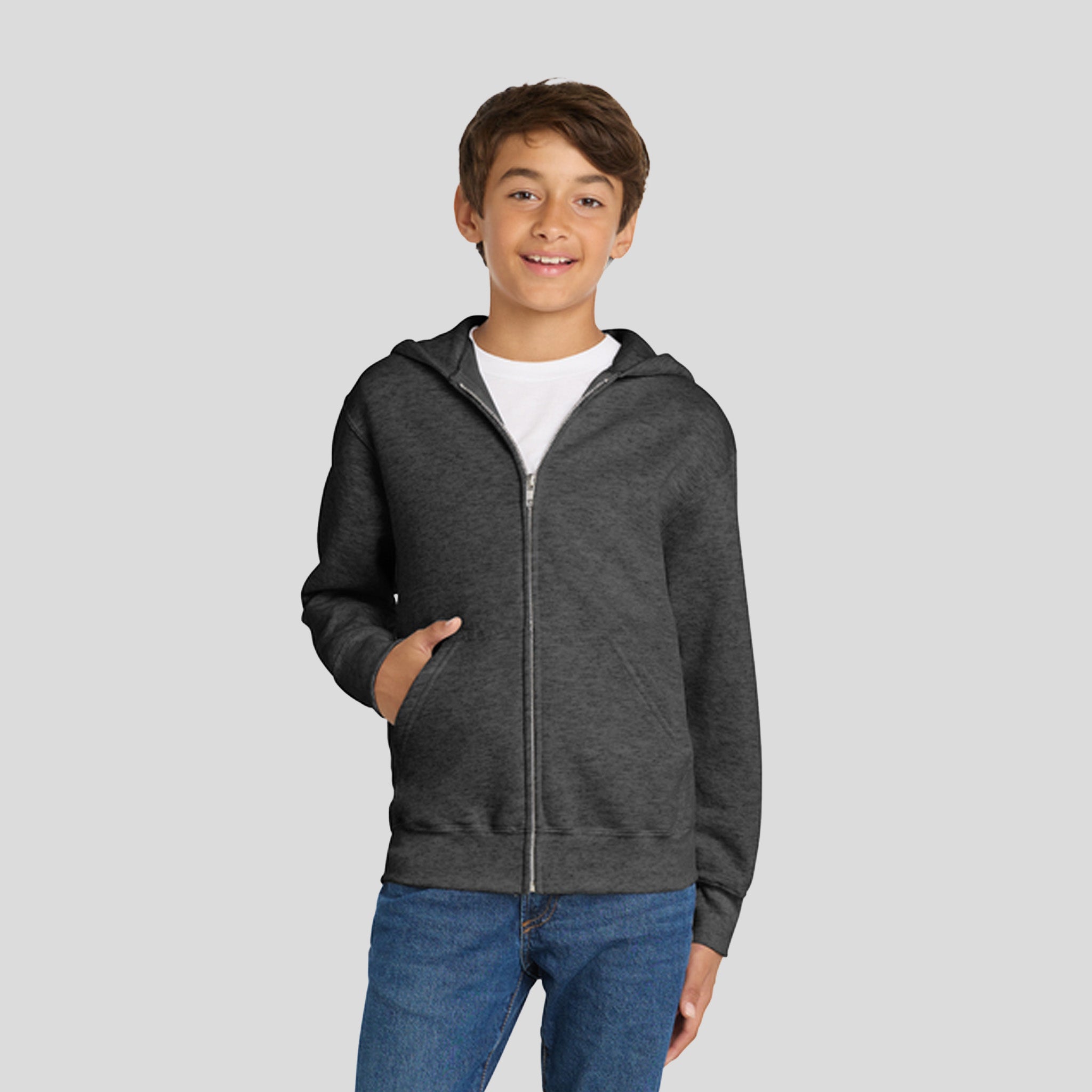 Youth Core Fleece Full-Zip Hooded Sweatshirt | Dark Heather Grey