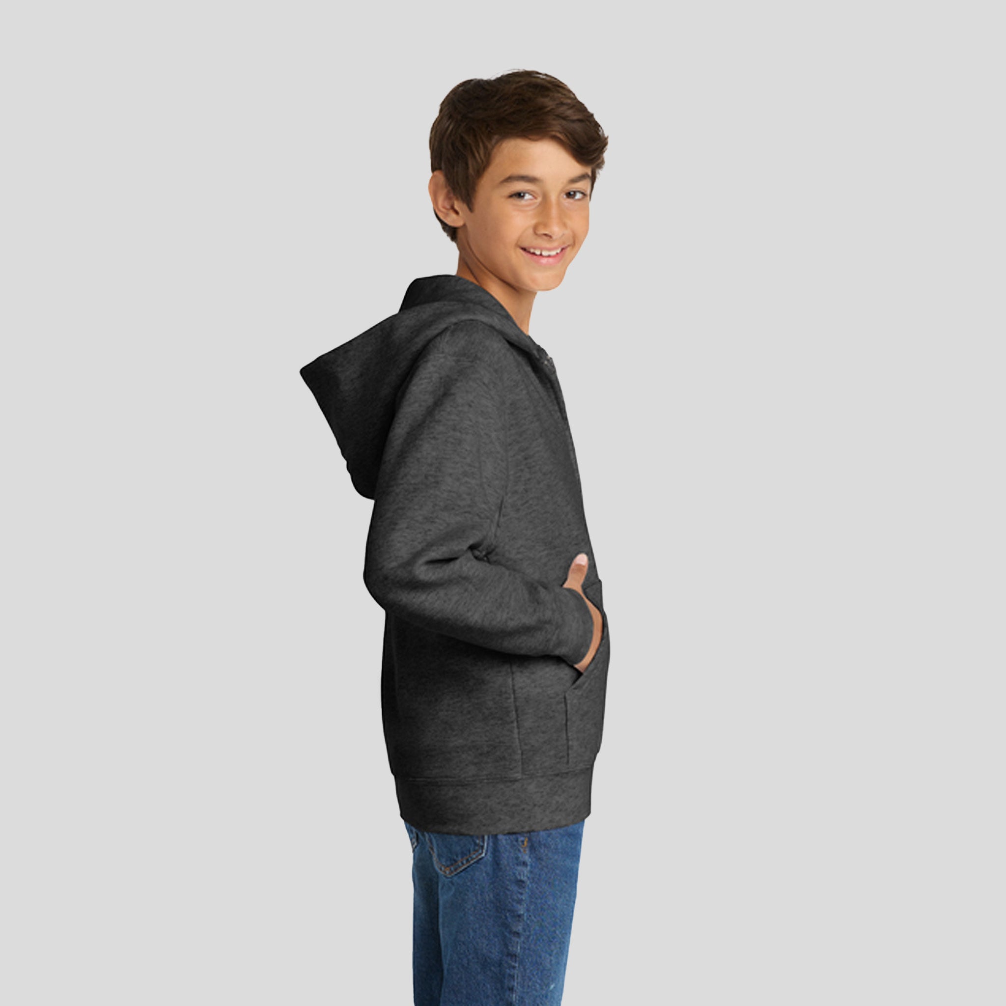 Youth Core Fleece Full-Zip Hooded Sweatshirt | Dark Heather Grey