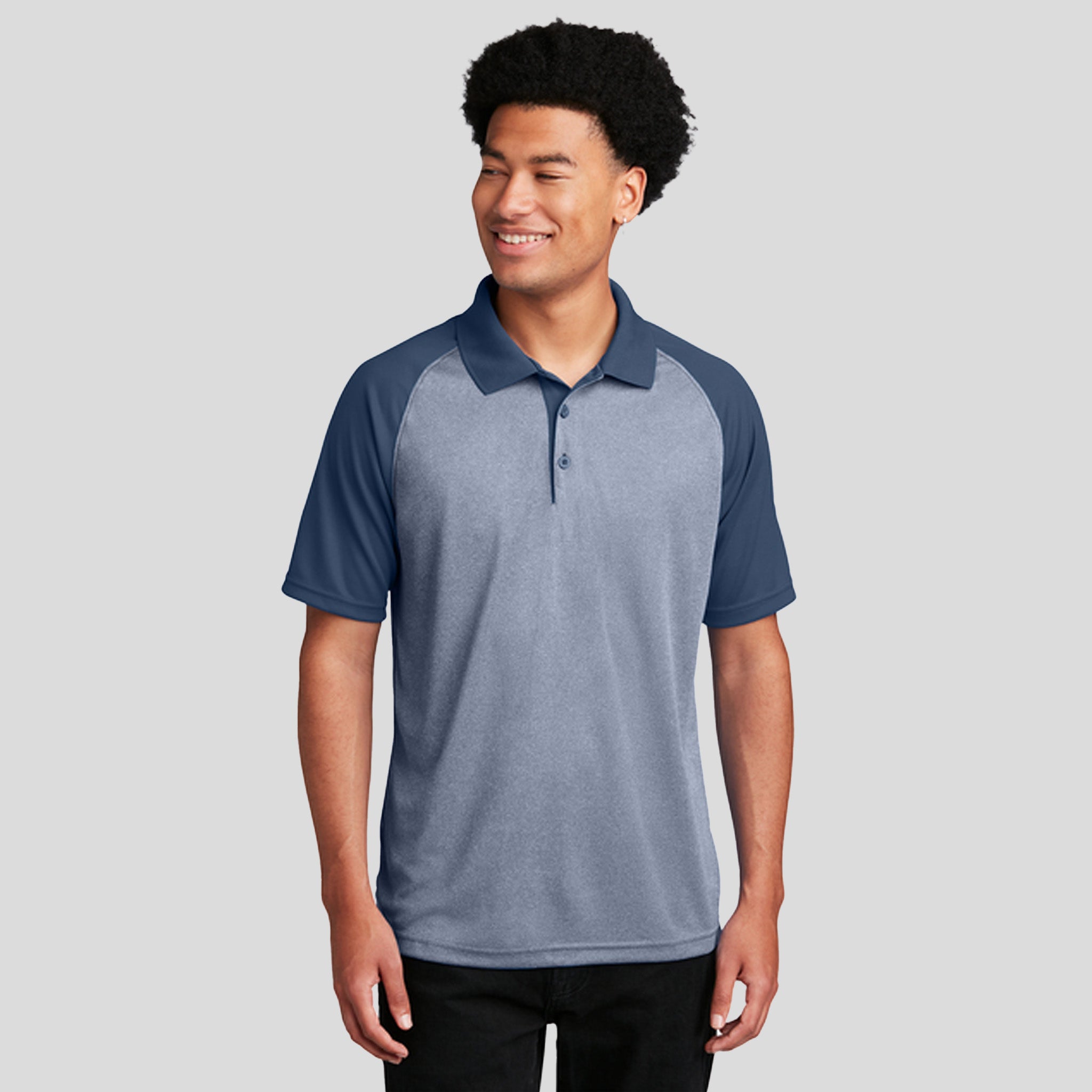 PosiCharge® RacerMesh® Raglan Heather Block Polo | True Navy Heather/True Navy