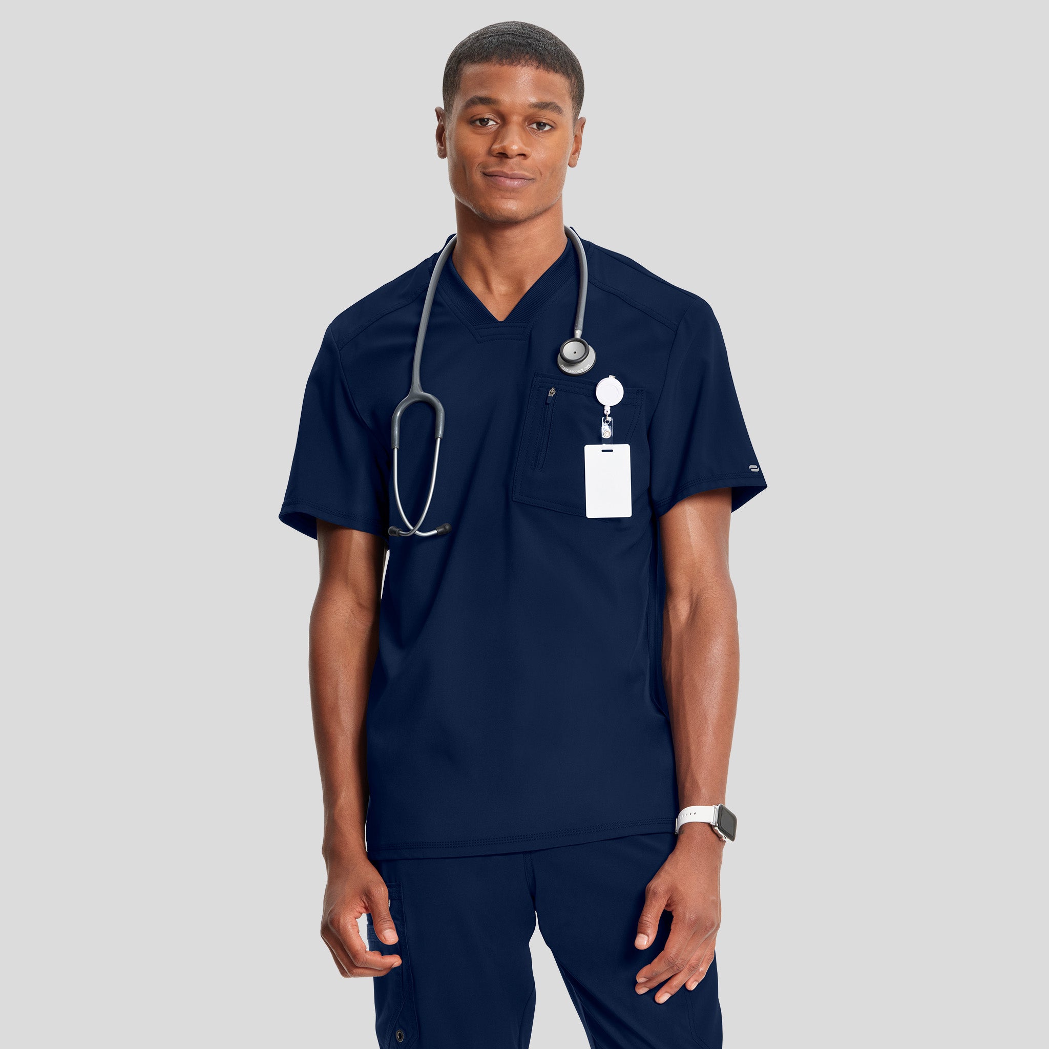 Men's V-Neck Knit Panel Solid Scrub Top | Navy