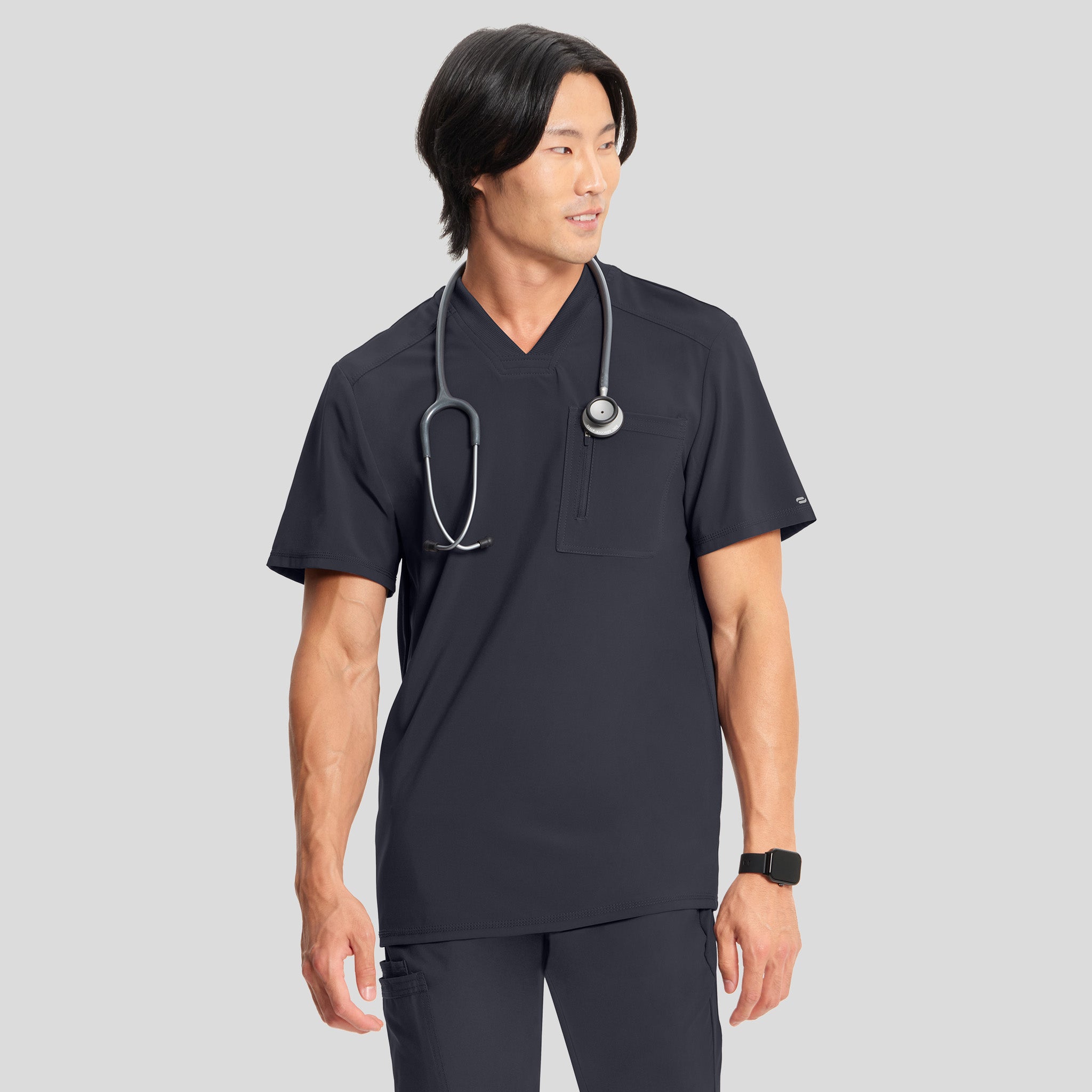 Men's V-Neck Knit Panel Solid Scrub Top | Pewter