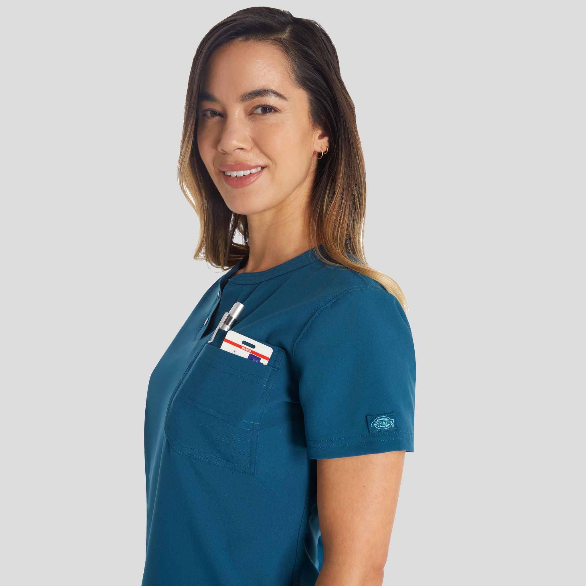 Women's Round Neck Henley Scrub Top | Caribbean