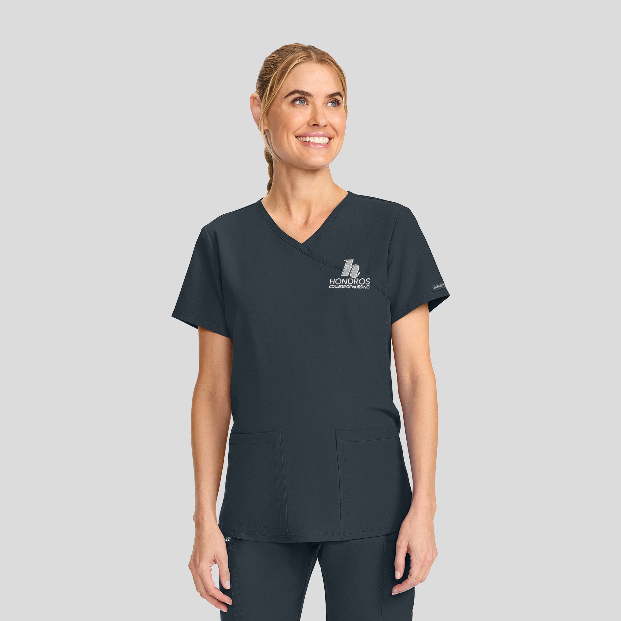 Hondros Maternity 2-Pocket Mock Wrap Scrub Top | Pewter