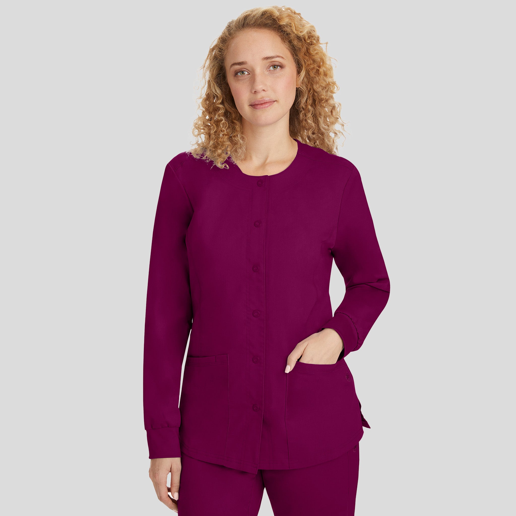 Daisy Snap Front Warm-Up Solid Scrub Jacket | Wine