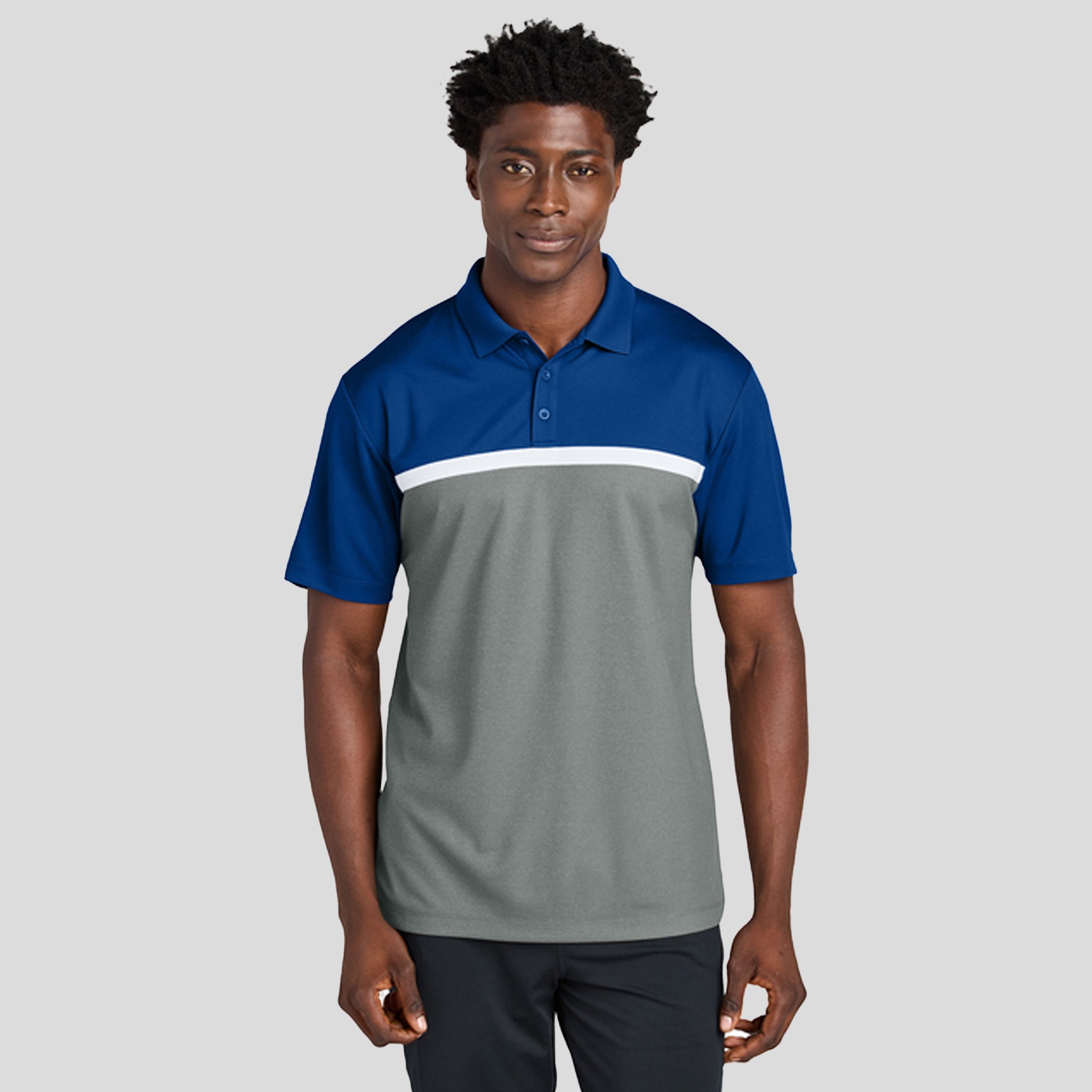UV Micropique Colorblock Polo | True Royal/Grey Concrete Heather/White