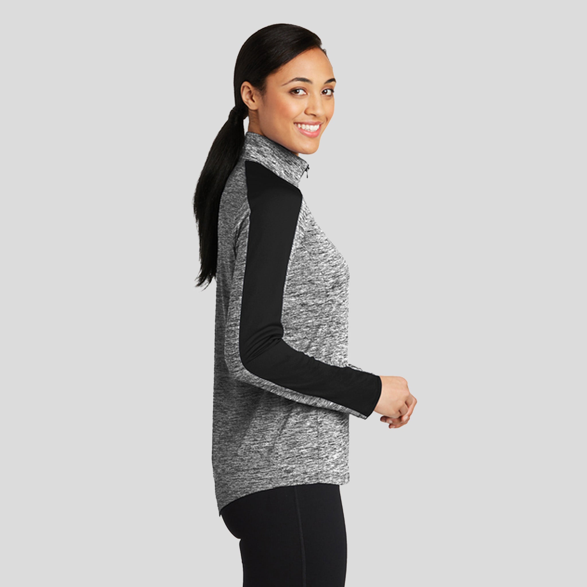 Women's PosiCharge® Electric Heather Colorblock 1/4-Zip Pullover | Black Electric/Black