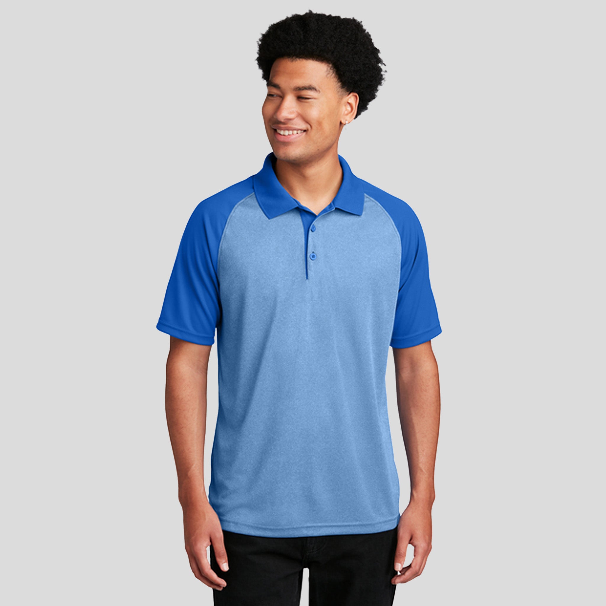 PosiCharge® RacerMesh® Raglan Heather Block Polo | True Royal Heather/True Royal